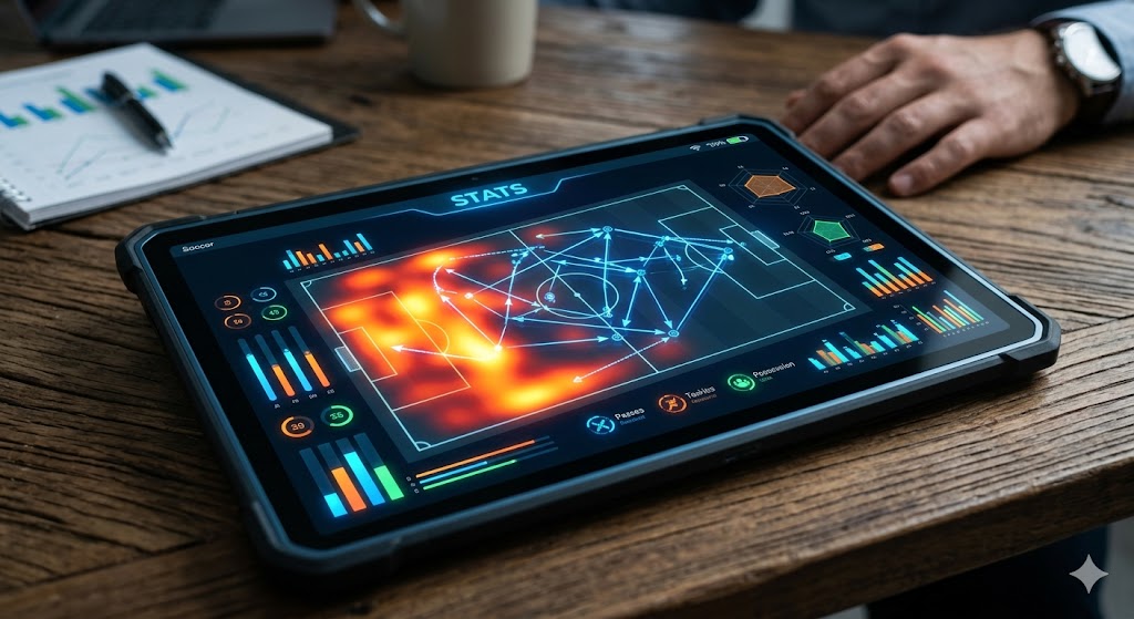 A close-up of a tablet showing advanced football statistics like xG, heatmaps, and possession percentages for a Champions League match.