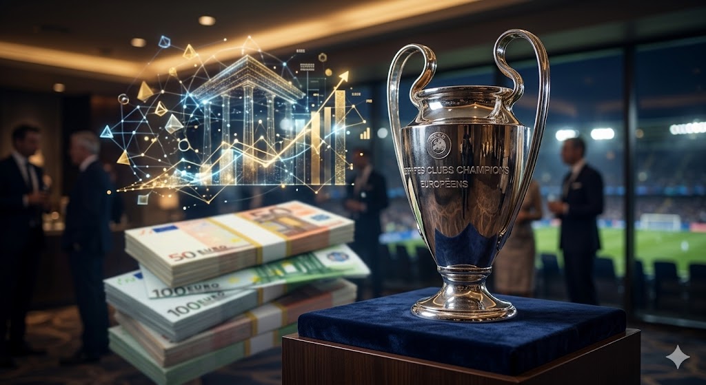 The UEFA Champions League trophy sitting on a pedestal with blurred gold coins and financial charts in the background to symbolize prize money.
