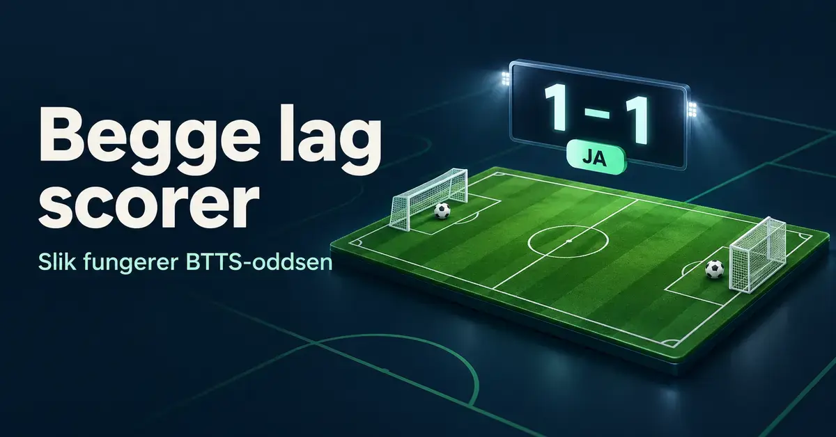 Illustrasjon av en fotballbane med to mål, en ball ved hvert mål og resultattavlen 1–1 som viser at begge lag har scoret.