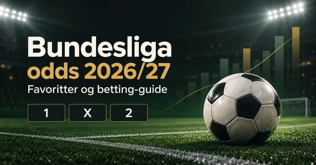 Fotball på en flombelyst bane med teksten «Bundesliga odds 2026/27 – Favoritter og betting-guide», diagramstolper og tegnene 1, X og 2.