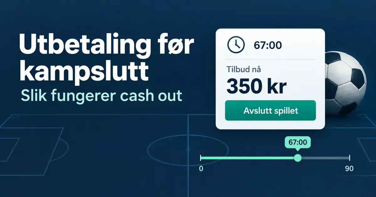 Illustrasjon av cash out med et utbetalingstilbud på 350 kroner etter 67 minutter av en fotballkamp og en knapp for å avslutte spillet før kampslutt.