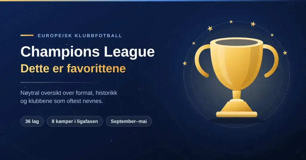 Illustrasjon av en gyllen pokal omkranset av stjerner på mørkeblå bakgrunn, med teksten «Champions League – dette er favorittene».