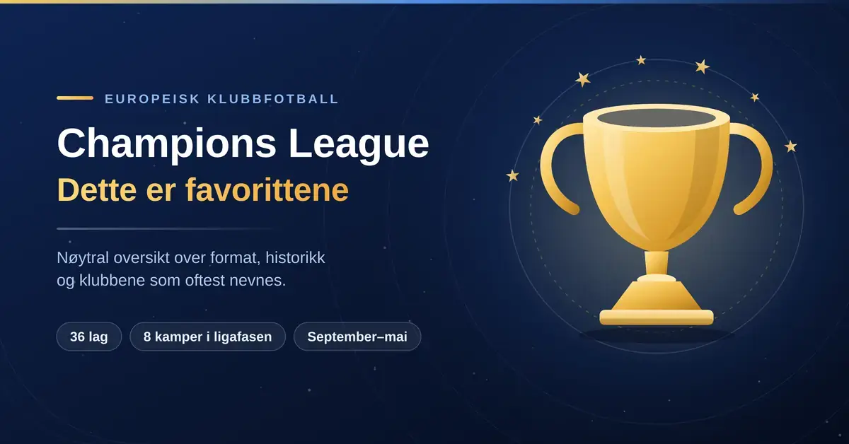 Illustrasjon av en gyllen pokal omkranset av stjerner på mørkeblå bakgrunn, med teksten «Champions League – dette er favorittene».