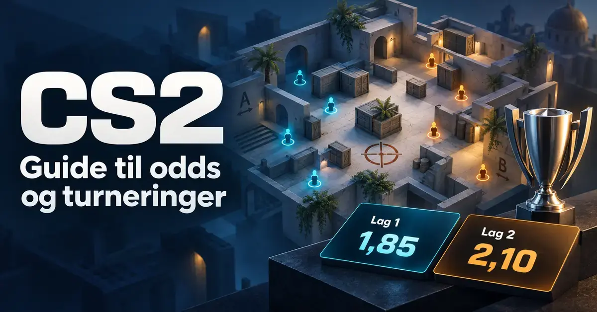Illustrasjon av en taktisk CS2-arena med blå og oransje lagmarkører, en sølvpokal og oddstall under teksten «CS2 – Guide til odds og turneringer».