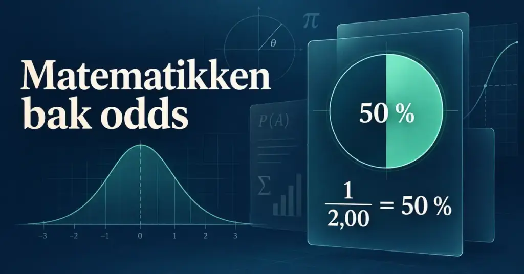 Illustrasjon av matematikken bak odds med en sannsynlighetskurve, et halvt utfylt sirkeldiagram og regnestykket 1 delt på 2,00 er lik 50 prosent.