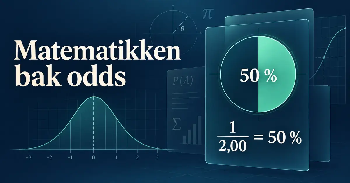 Illustrasjon av matematikken bak odds med en sannsynlighetskurve, et halvt utfylt sirkeldiagram og regnestykket 1 delt på 2,00 er lik 50 prosent.