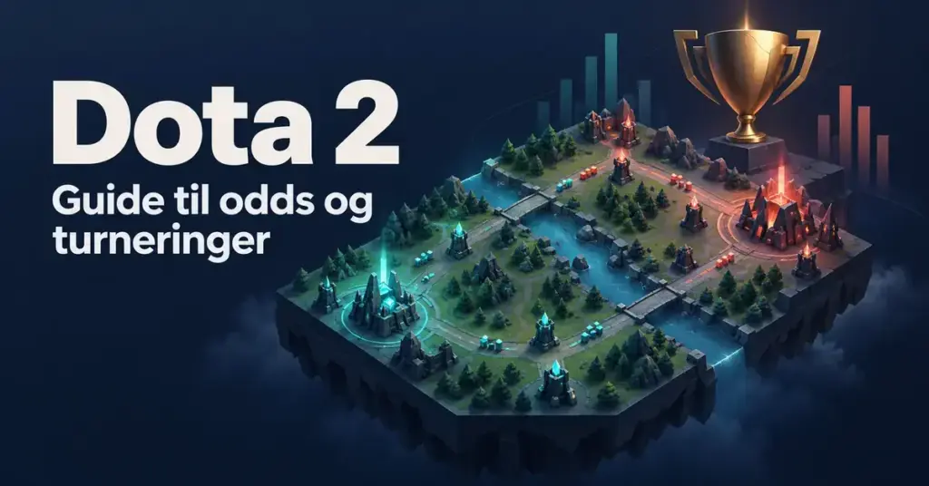 Illustrasjon av en MOBA-spillbane med to baser, en turneringspokal og teksten «Dota 2 – Guide til odds og turneringer».