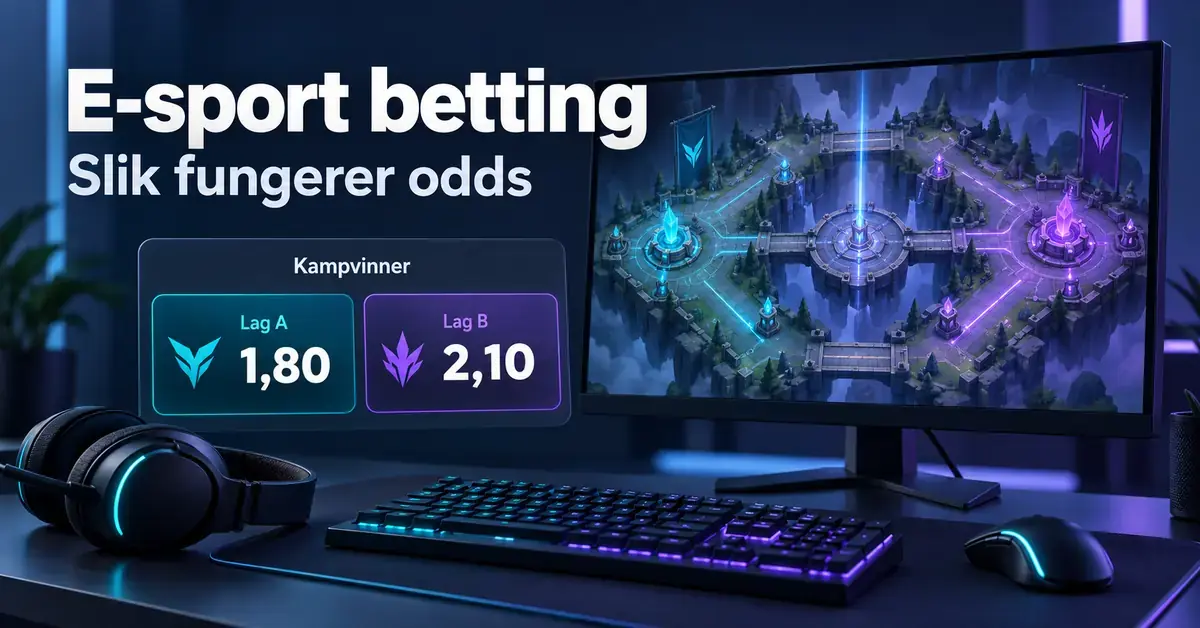 Illustrasjon av en spillskjerm med e-sportarena, gamingutstyr og odds på 1,80 for lag A og 2,10 for lag B som kampvinner.