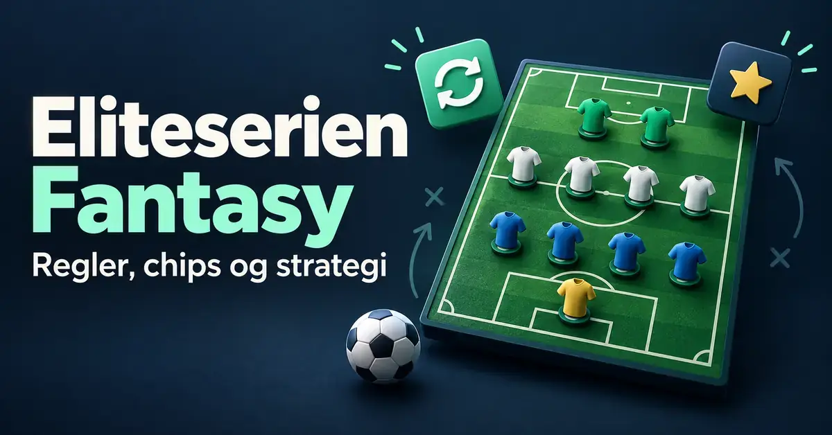 Illustrasjon av en fotballbane med spillerdrakter, en fotball og symboler for bytter og chips, med teksten «Eliteserien Fantasy – Regler, chips og strategi».