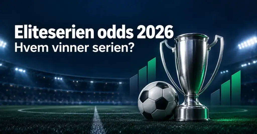 Fotball og sølvpokal på en flombelyst stadion med grønne søyler og teksten «Eliteserien odds 2026 – Hvem vinner serien?».