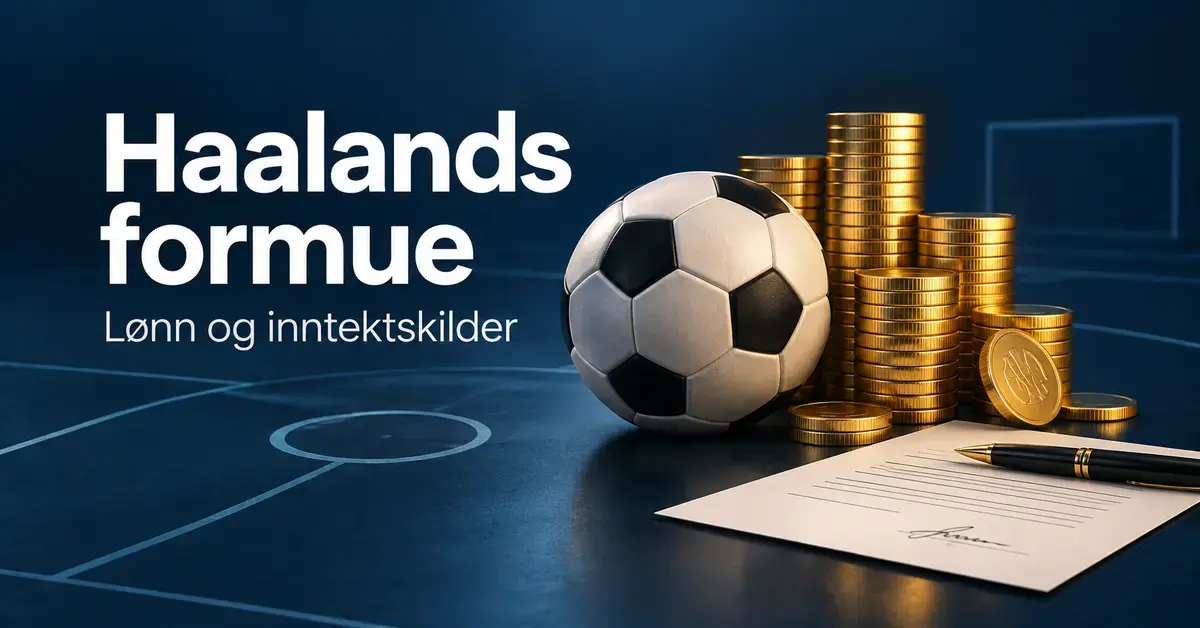 Illustrasjon av en fotball, stabler med gullmynter og en kontrakt, med teksten «Haalands formue – Lønn og inntektskilder».