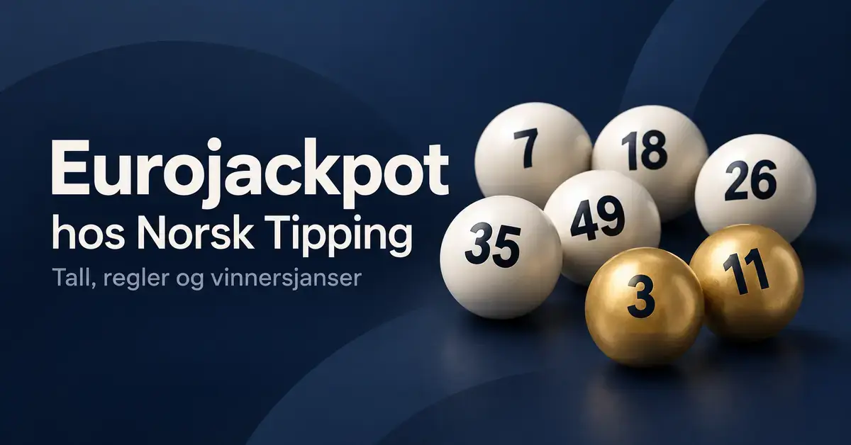 Fem lyse og to gylne lottokuler på mørkeblå bakgrunn ved siden av teksten «Eurojackpot hos Norsk Tipping – Tall, regler og vinnersjanser».