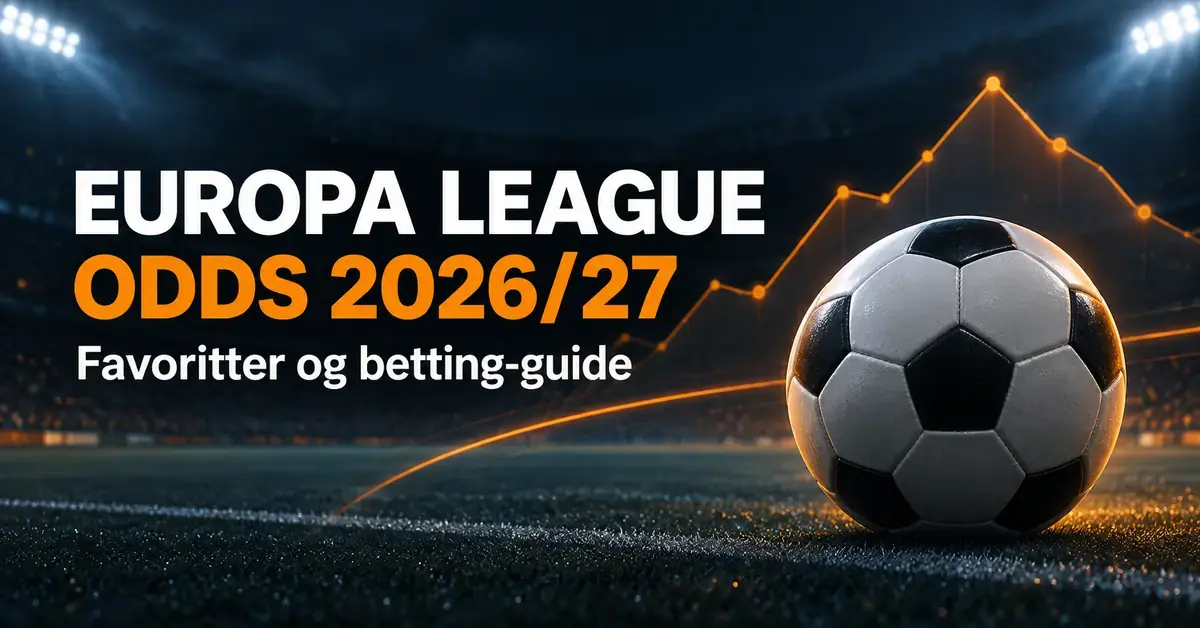 Fotball på en flombelyst stadion med en oransje kurve som illustrerer oddsbevegelser, og teksten «Europa League odds 2026/27 – Favoritter og betting-guide».