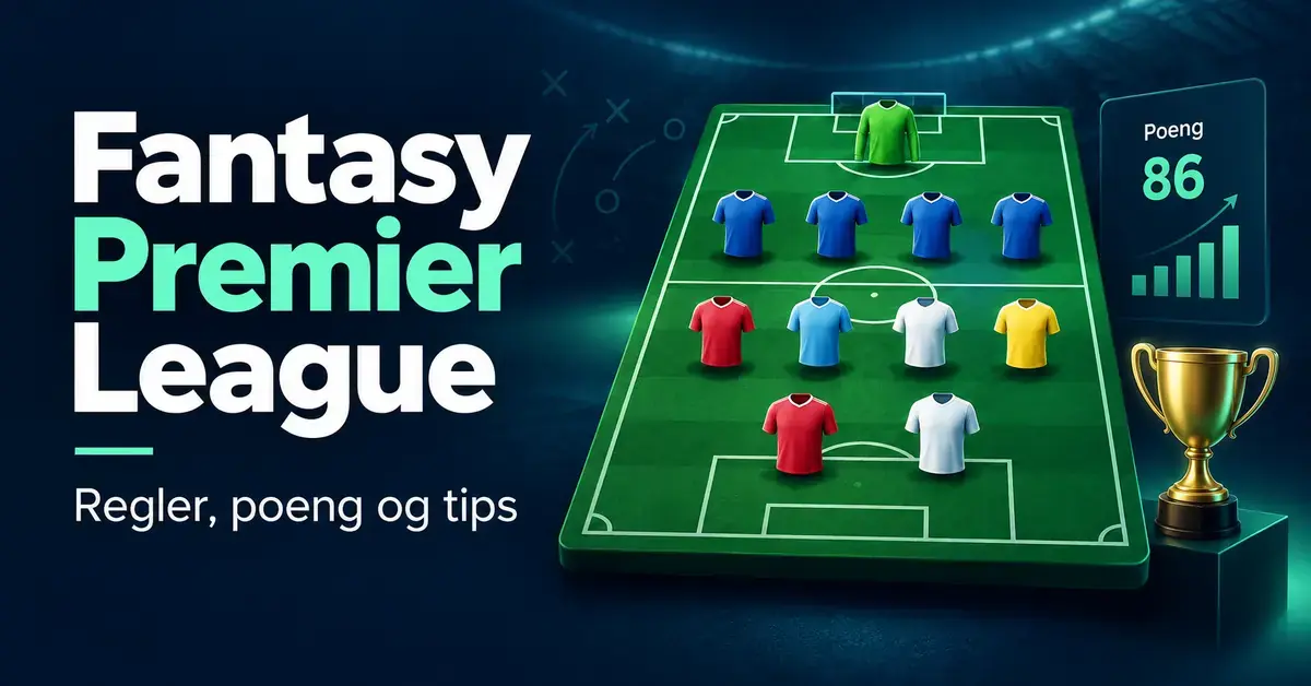 Illustrasjon av Fantasy Premier League med fotballdrakter i en lagoppstilling, en poengtavle og en gullpokal ved teksten «Regler, poeng og tips».