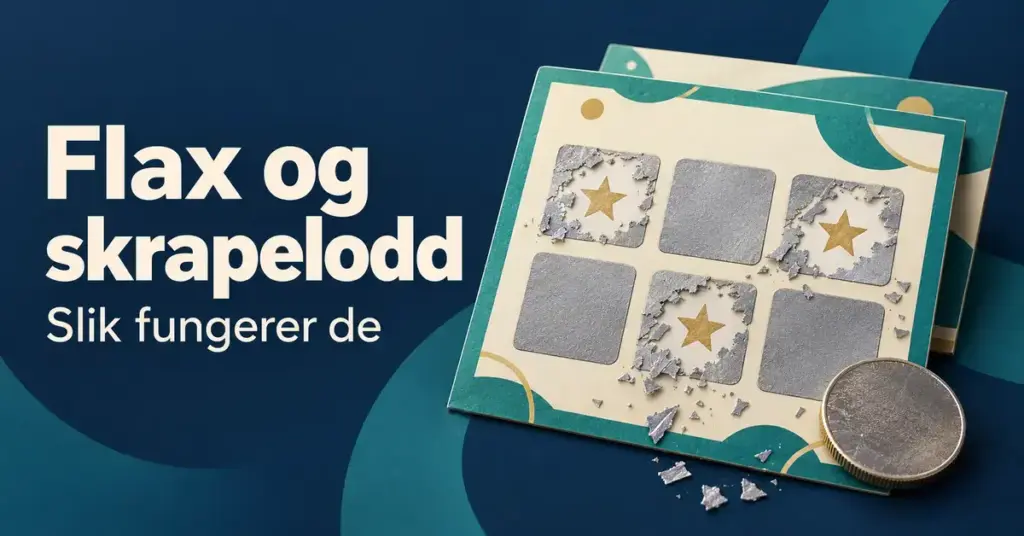 Illustrasjon av to skrapelodd med delvis avdekkede stjernesymboler og en mynt, ved siden av teksten «Flax og skrapelodd – Slik fungerer de».