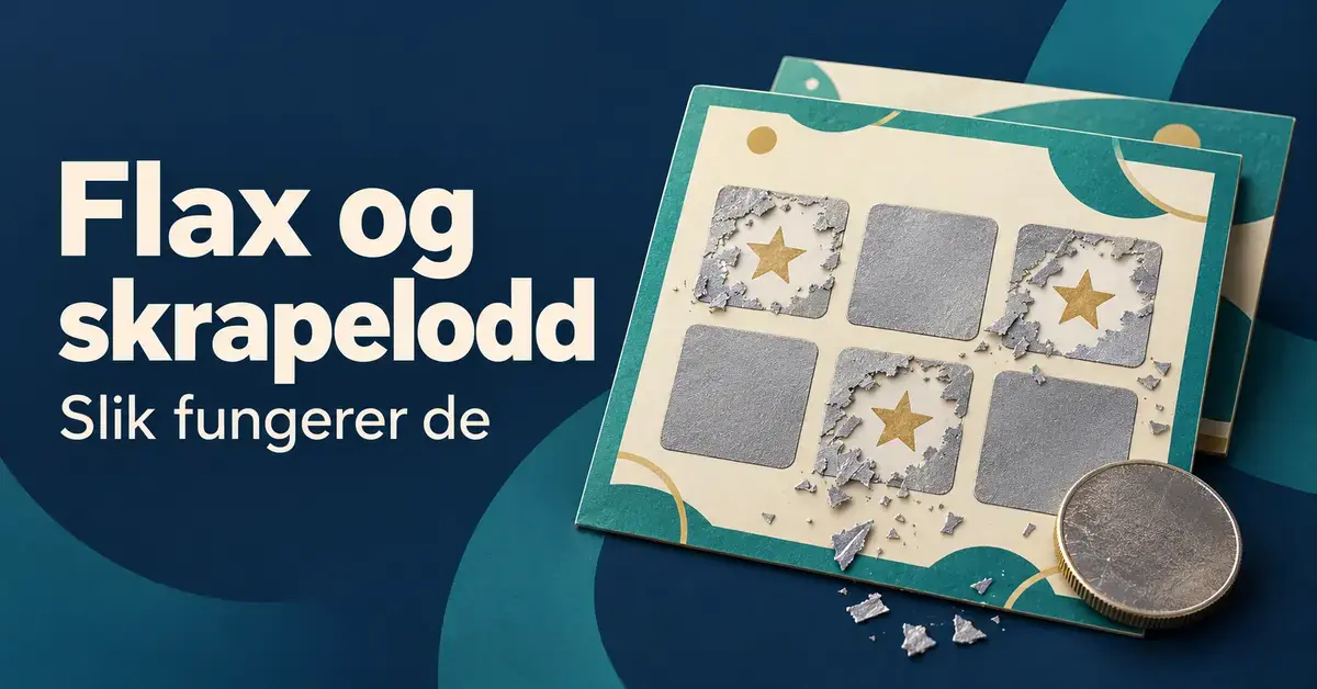 Illustrasjon av to skrapelodd med delvis avdekkede stjernesymboler og en mynt, ved siden av teksten «Flax og skrapelodd – Slik fungerer de».