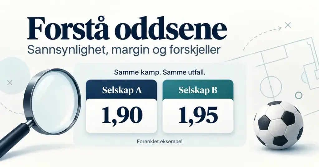 Illustrasjon med fotball og forstørrelsesglass som sammenligner oddsene 1,90 og 1,95 hos to selskaper for samme utfall i en kamp.