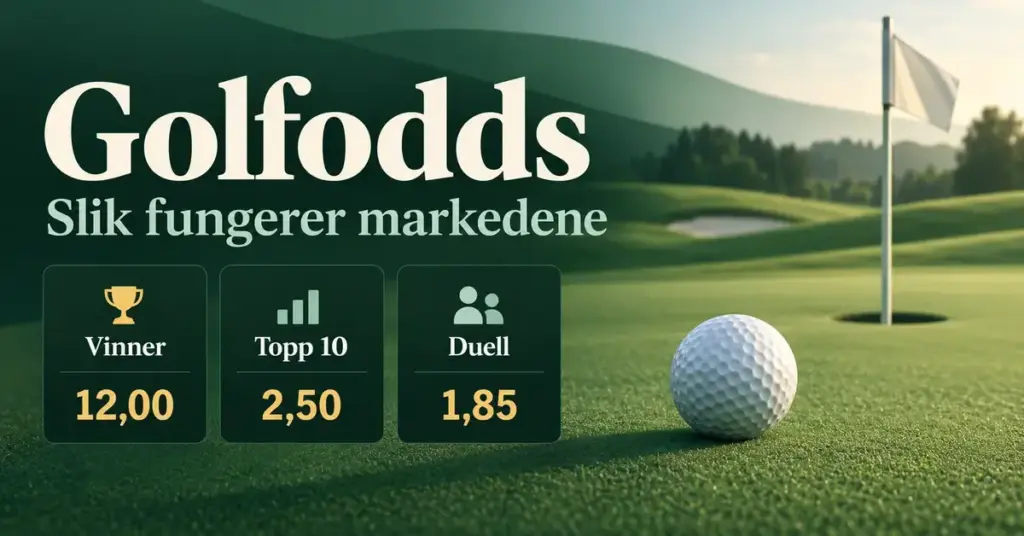 Golfball og flagg på en grønn golfbane ved siden av illustrerte odds for markedene vinner, topp 10 og duell.