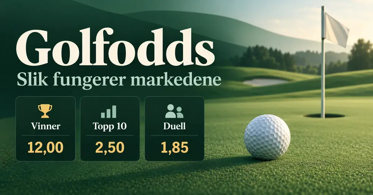 Golfball og flagg på en grønn golfbane ved siden av illustrerte odds for markedene vinner, topp 10 og duell.