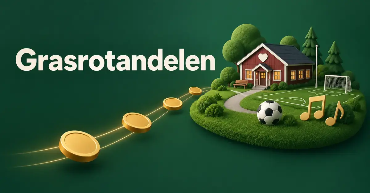 Illustrasjon av Grasrotandelen med gullmynter på vei mot et klubbhus, en fotballbane og musikknoter som symboliserer støtte til lokale lag og foreninger.