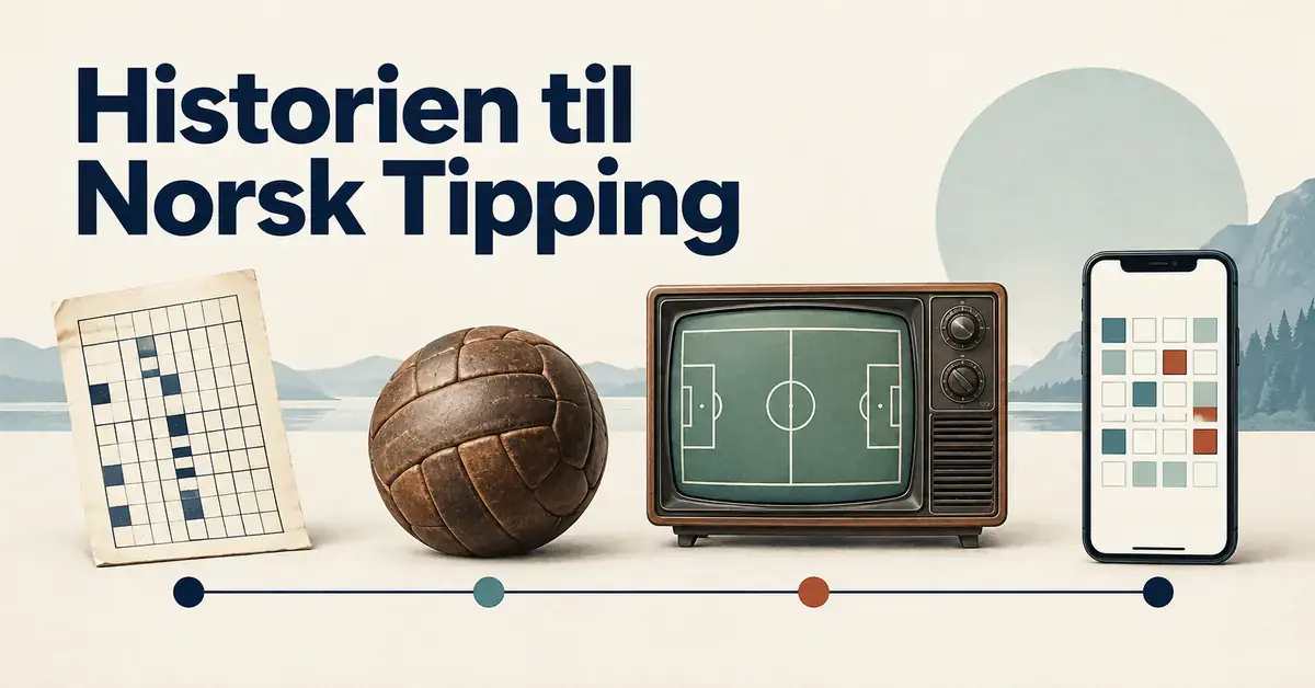 Illustrasjon av Norsk Tippings historie med en gammel tippekupong, en lærfotball, et fjernsyn med fotballbane og en moderne mobiltelefon.