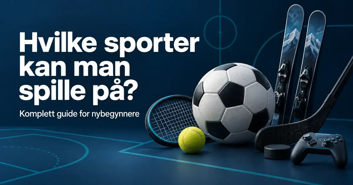 Illustrasjon med fotball, tennisracket, tennisball, alpinski, hockeykølle, puck og spillkontroller ved siden av teksten «Hvilke sporter kan man spille på?» på mørk blå bakgrunn.