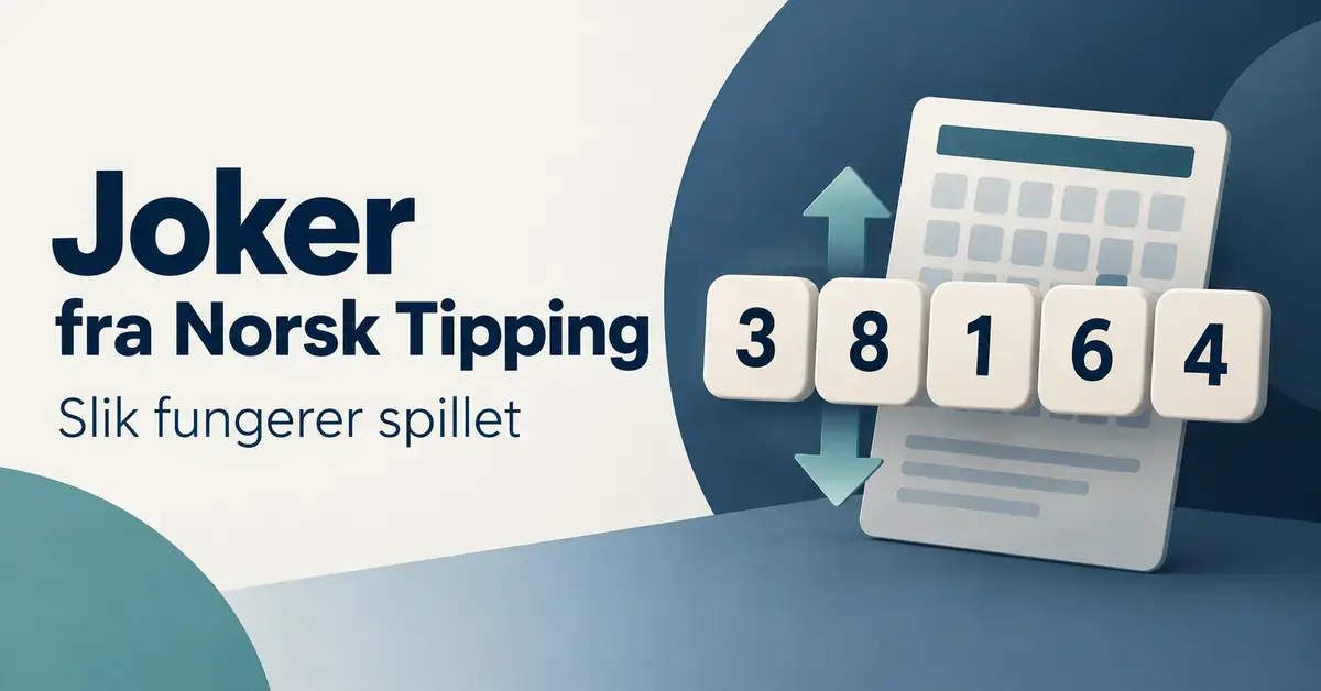 Illustrasjon av et spillerkort med fem tall og piler opp og ned ved siden av teksten «Joker fra Norsk Tipping – Slik fungerer spillet».