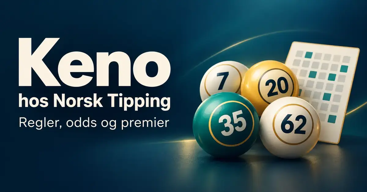 Illustrasjon av Keno hos Norsk Tipping med nummererte kuler, en stilisert spillekupong og teksten «Regler, odds og premier» på mørk blå bakgrunn.