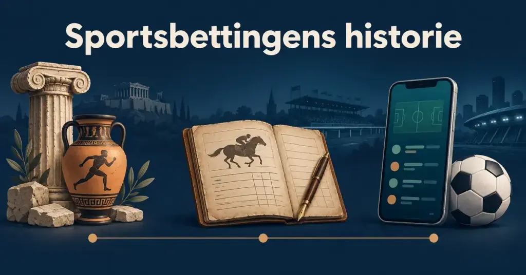 Illustrasjon av sportsbettingens historie fra antikken til digitale sportsspill, med en gresk søyle og vase, en bok med hesteløpsmotiv og en mobiltelefon ved siden av en fotball.