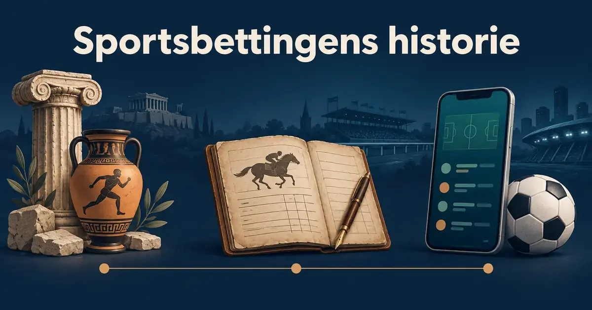Illustrasjon av sportsbettingens historie fra antikken til digitale sportsspill, med en gresk søyle og vase, en bok med hesteløpsmotiv og en mobiltelefon ved siden av en fotball.