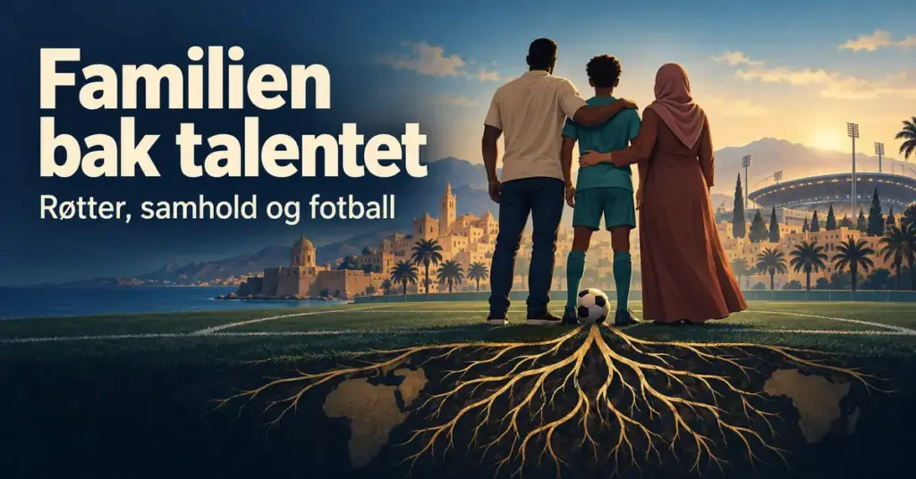 Illustrasjon av en ung fotballspiller mellom to foreldre på en fotballbane, med gylne røtter som symboliserer familiens bakgrunn og teksten «Familien bak talentet».