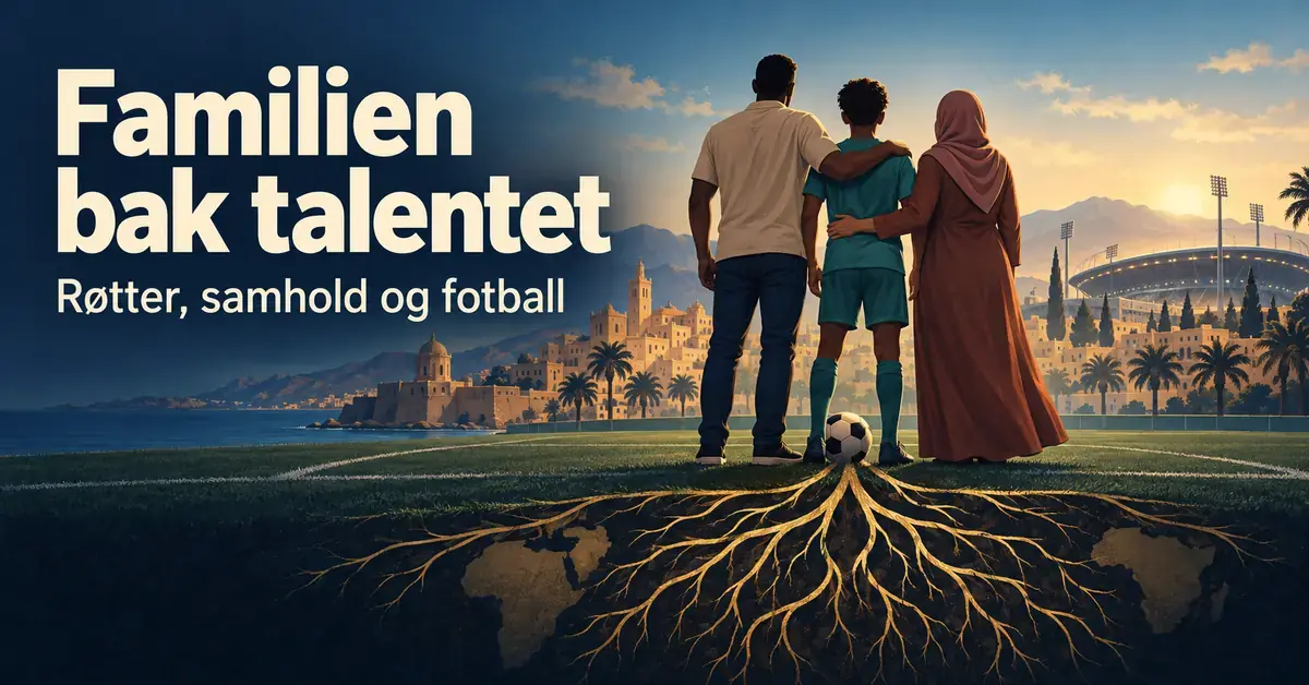 Illustrasjon av en ung fotballspiller mellom to foreldre på en fotballbane, med gylne røtter som symboliserer familiens bakgrunn og teksten «Familien bak talentet».