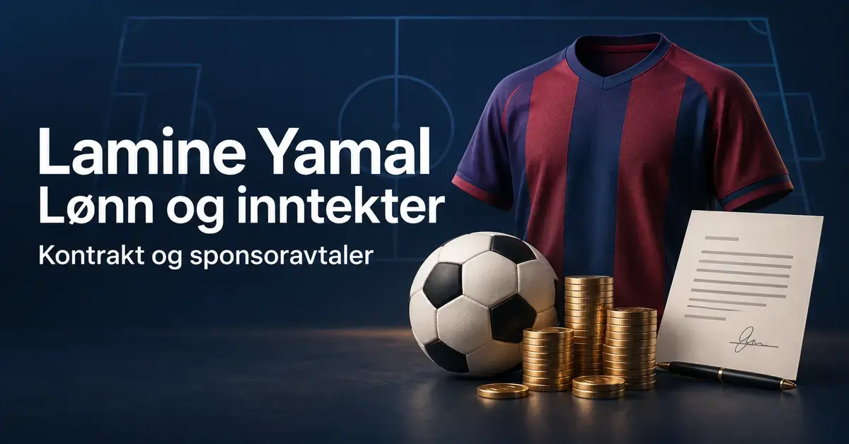 Illustrasjon av en blå og burgunderrød fotballdrakt, en fotball, gullmynter og en kontrakt ved siden av teksten «Lamine Yamal – Lønn og inntekter».