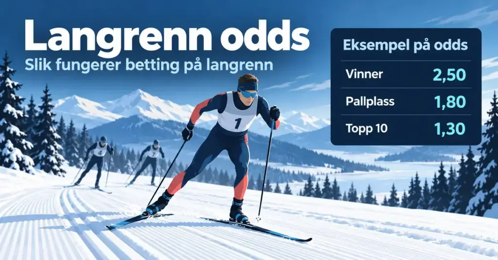 Illustrasjon av langrennsløpere i et snødekt landskap med eksempler på odds for vinner, pallplass og topp 10.