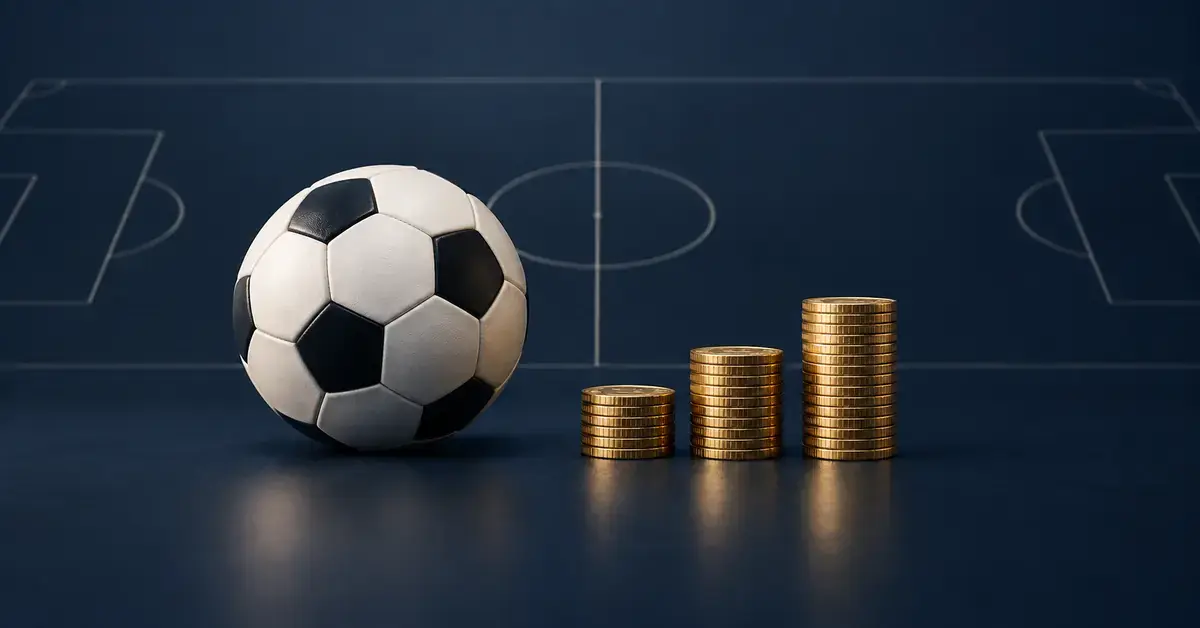 En fotball og tre stabler med gullmynter foran en mørkeblå fotballbane illustrerer temaet lønn, inntekter og formue i fotball.