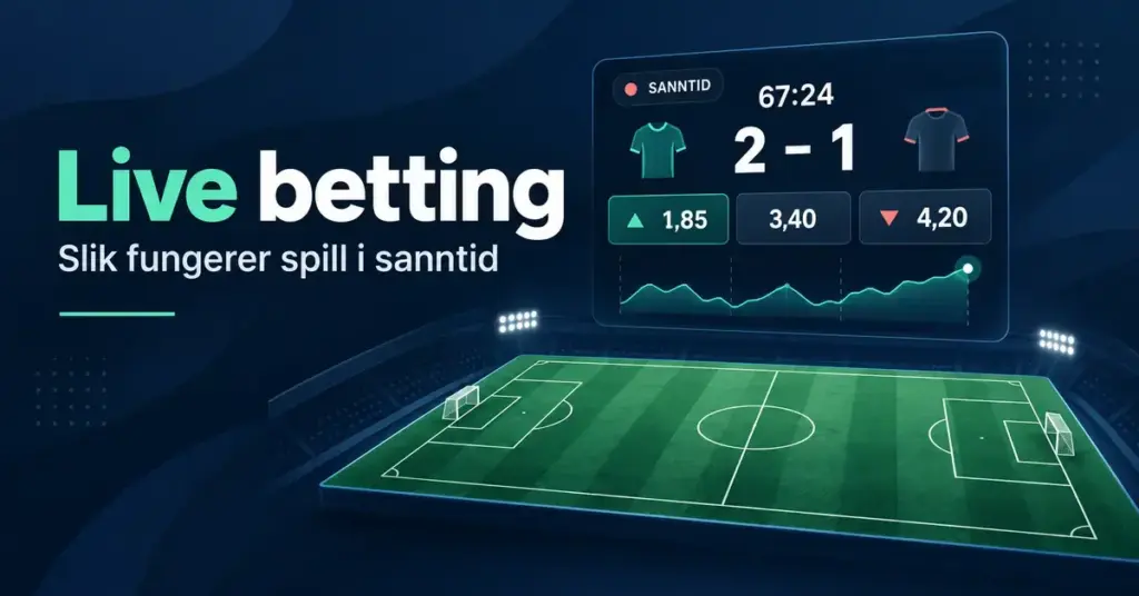 Illustrasjon av en fotballbane med kampklokke, resultat og skiftende odds som viser hvordan live betting fungerer i sanntid.