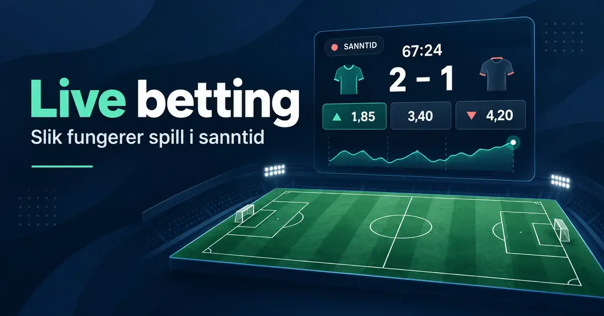 Illustrasjon av en fotballbane med kampklokke, resultat og skiftende odds som viser hvordan live betting fungerer i sanntid.