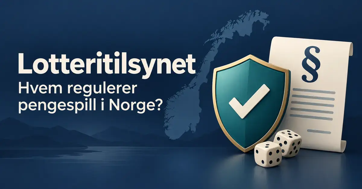Illustrasjon av et skjold med hake, et lovdokument og terninger foran et norgeskart, med teksten «Lotteritilsynet – Hvem regulerer pengespill i Norge?».