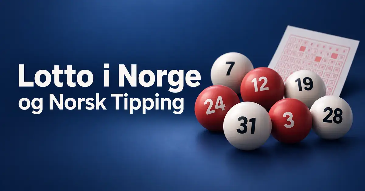 Illustrasjon av nummererte lottokuler og en kupong på mørkeblå bakgrunn med teksten «Lotto i Norge og Norsk Tipping».
