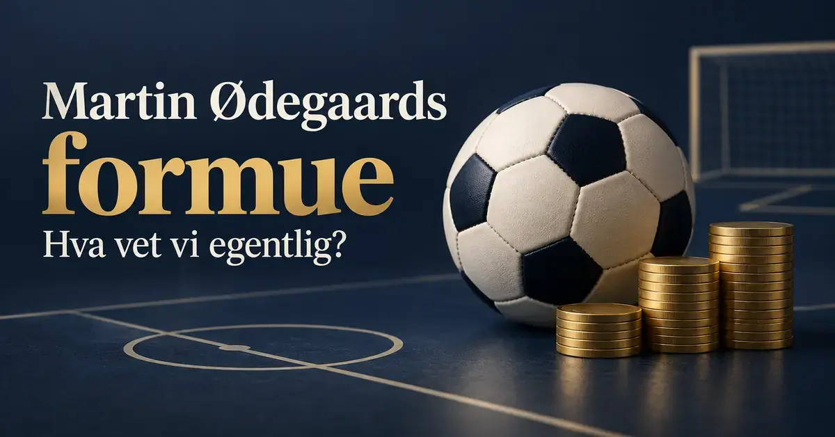 Illustrasjon av en fotball og stabler med gullmynter på en mørk fotballbane, med teksten «Martin Ødegaards formue – Hva vet vi egentlig?».