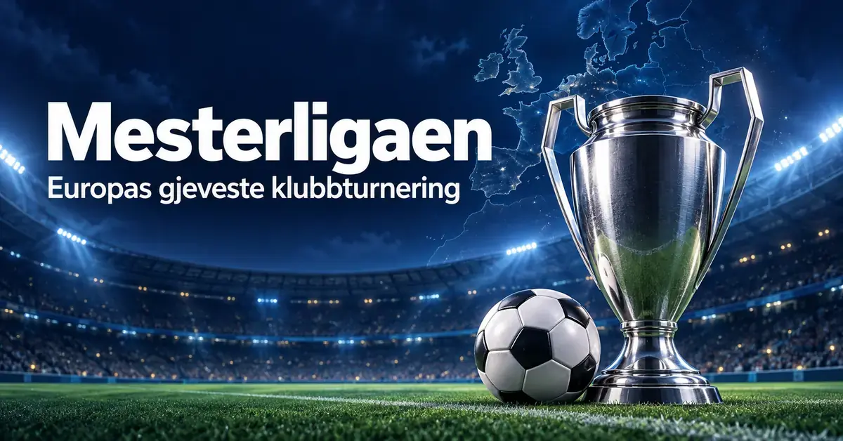 Illustrasjon av en sølvpokal og en fotball på et flombelyst stadion, med europakart i bakgrunnen og teksten «Mesterligaen – Europas gjeveste klubbturnering».