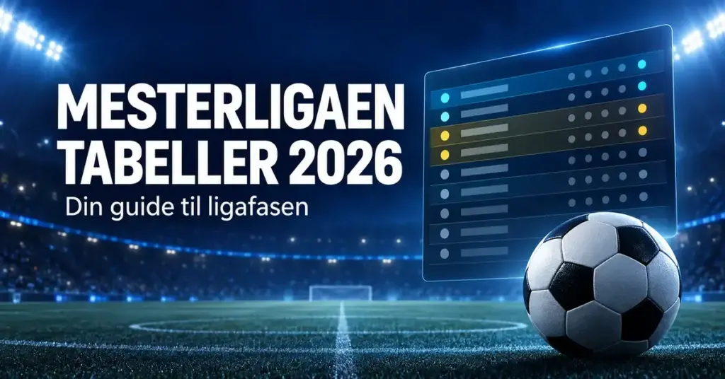 Grafikk med teksten «Mesterligaen tabeller 2026», en stilisert ligatabell og en fotball på en flombelyst stadion.