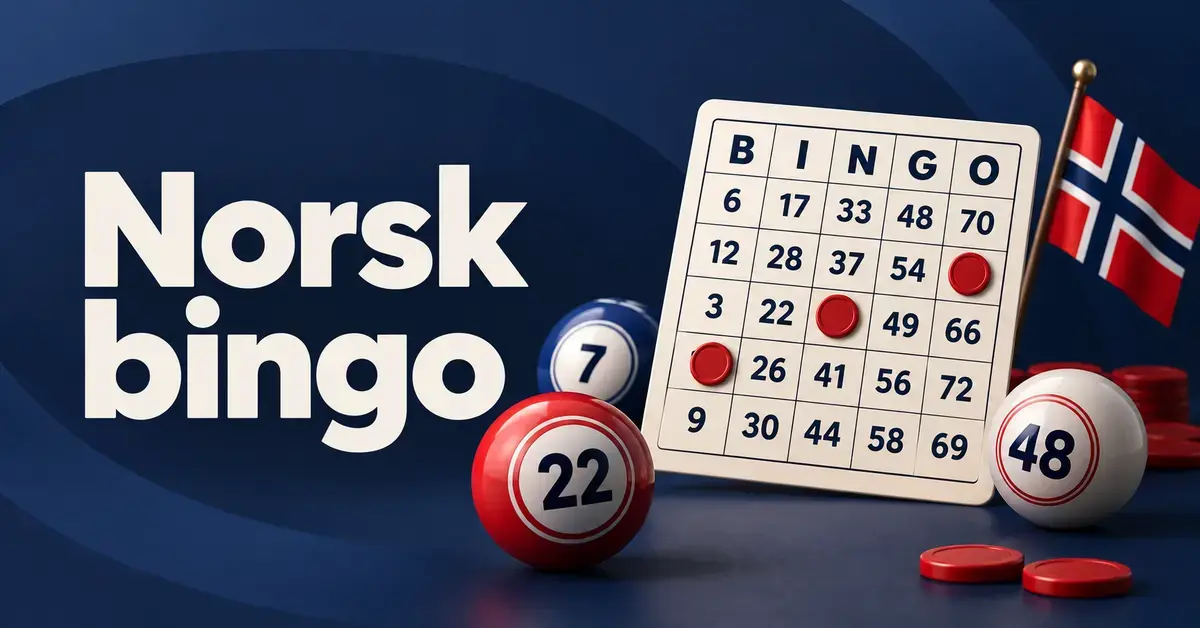 Illustrasjon av et bingobrett, nummererte bingokuler og det norske flagget på mørk blå bakgrunn med teksten «Norsk bingo».