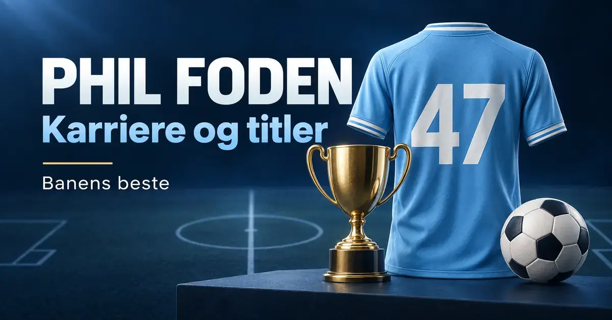 Grafikk om Phil Fodens karriere og titler med en lyseblå fotballdrakt med nummer 47, en gullpokal og en fotball på mørkeblå bakgrunn.