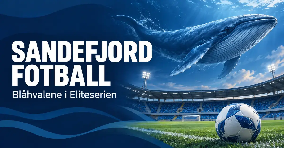 Illustrasjon i blått og hvitt med en blåhval over et fotballstadion, en fotball og teksten «Sandefjord Fotball – Blåhvalene i Eliteserien».