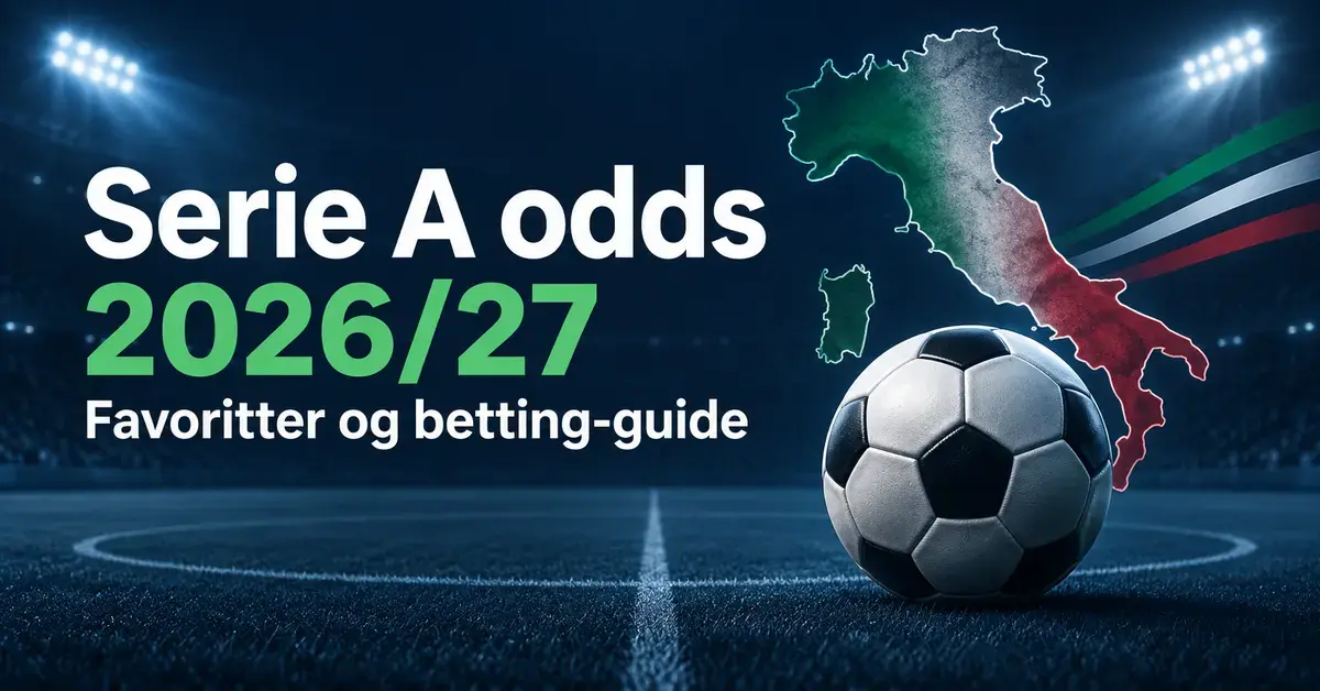 Fotball foran et kart over Italia i italienske flaggfarger på en flombelyst bane, med teksten «Serie A odds 2026/27 – Favoritter og betting-guide».