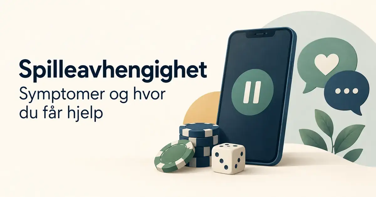 Illustrasjon av en mobiltelefon med pausesymbol, spillebrikker, en terning og snakkebobler ved teksten «Spilleavhengighet – Symptomer og hvor du får hjelp».
