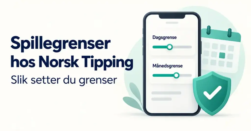 Illustrasjon av en mobil med innstillinger for dagsgrense og månedsgrense, en kalender og et skjold ved siden av teksten «Spillegrenser hos Norsk Tipping – Slik setter du grenser».