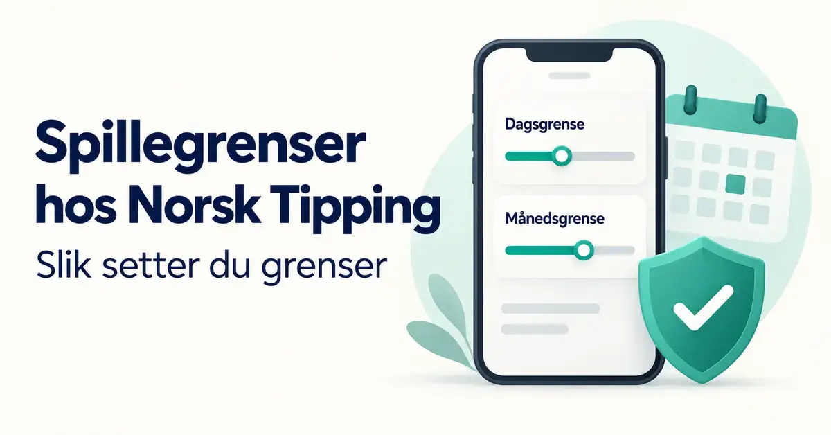 Illustrasjon av en mobil med innstillinger for dagsgrense og månedsgrense, en kalender og et skjold ved siden av teksten «Spillegrenser hos Norsk Tipping – Slik setter du grenser».