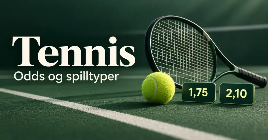 Tennisracket og tennisball på en grønn bane med oddstallene 1,75 og 2,10 og teksten «Tennis – Odds og spilltyper».